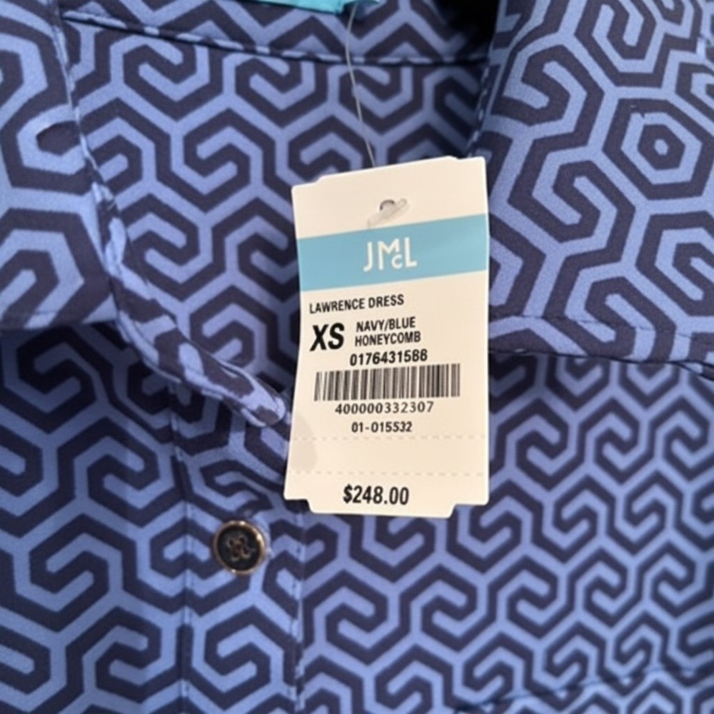 J.McLaughlin Lawrence Dress XS Navy Blue Honeycomb Geometric Shirt Dress NWT - Picture 3 of 9